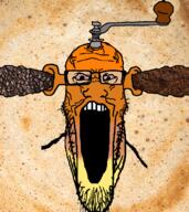angry animated bloodshot_eyes brown_skin calm coffee coffee_beans ear espresso glasses ground_coffee handle ogre_ears open_mouth orange_skin soyjak stubble variant:markiplier_soyjak vein // 882x990 // 1003.8KB