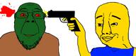 2soyjaks arm blood closed_mouth clothes glasses green_skin gun hand holding_gun holding_object holding_pistol pistol red_eyes roblox shooting smile soyjak stubble variant:bernd variant:chudjak video_game yellow_skin zombie // 1622x680 // 100.7KB