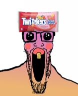 clothes flavorjak glasses gradient hat meta:tagme oh_my_god_she_is_so_attractive one_tooth open_mouth orange_skin pink_skin purple_skin soyjak stretched_mouth stubble sweet twizzlers variant:markiplier_soyjak yellow_teeth // 900x1100 // 339.9KB