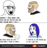 2soyjaks alien antenna beard bloodshot_eyes clothes coal comic crying flag glasses hair kys logo makeup meme meta mustache nas nordic_chad open_mouth purple_hair r_teenagers reddit reddit_moment soyjak stubble text tranny twitter variant:soyak yellow_hair // 1141x1172 // 400.0KB