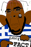 black_sclera brown_skin fact flag:greece glasses greece greekroach holding_object pink_hair shitskin spade stinky stubble text variant:cobson white_background
