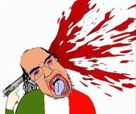 balding blood bloodshot_eyes crying eyebrows firearm flag flag:italy glasses gun gunshot hair holding_gun holding_object holding_pistol italy nose open_mouth pistol soyjak stubble subvariant:chudjak_front suicide teeth tongue variant:chudjak violence weapon // 360x302 // 81.2KB