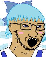 anime blue_eyes blue_hair blush bowtie cirno clothes female glasses hair open_mouth soyjak stubble touhou variant:soyak video_game // 644x800 // 25.2KB
