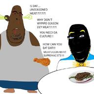 angry argentina black_skin blood fat flag food fried_chicken smile steak subvariant:blobson subvariant:chudjak_front subvariant:hornyson subvariant:nucob table text variant:chudjak variant:cobson yellow_hair // 1080x1080 // 85.8KB
