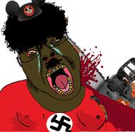 blood bloodshot_eyes brown_eyes brown_skin chainsaw clothes crying disney fat flag glasses hat mickey_mouse mustache nazism nipple open_mouth soyjak subvariant:chainsaw_bernd swastika variant:bernd yellow_teeth // 676x658 // 250.4KB