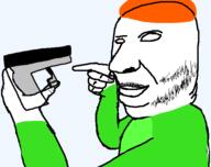 arm closed_mouth firearm gun hair hand holding_gun holding_object holding_pistol mustache orange_hair pico picos_school pistol pointing soyjak stubble variant:holdjak weapon // 563x445 // 28.9KB