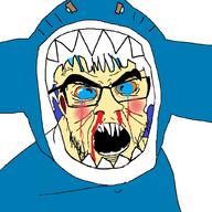 angry anime blood blue_eyes blush clothes crying ear gawr_gura glasses hair hat hololive hoodie mustache open_mouth shark soyjak stubble thick_eyebrows variant:feraljak vtuber white_hair white_skin // 1024x1024 // 216.7KB