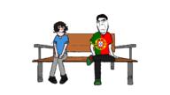 art bench black_pants blue_shirt blush brown_hair closed_mouth drawfag flag:portugal friendship full_body gray_pants hand holding_object holding_phone looking_at_you looking_down phone portugal sitting variant:cobson variant:markiplier_soyjak white_skin // 1280x720 // 72.4KB