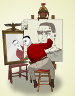 black_hair buff classical_art_parody closed_mouth clothes drawing eagle full_body glass glasses hair happy helmet mirror muscles muscular_male open_mouth painting red_shirt side_profile sitting smile smug soyjak subvariant:chudjak_front2 subvariant:perceptive_chud swastika template triple_self_portrait variant:chudjak variant:soyak white_skin // 3700x4703 // 2.1MB