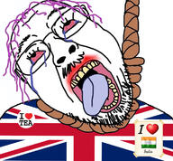 badge bloodshot_eyes crying glasses hair hanging i_love india mustache open_mouth purple_hair rope soyjak stubble suicide tea text tongue united_kingdom variant:bernd // 760x704 // 407.0KB