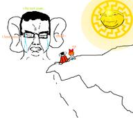 2soyjaks black_skin bowtie cliff closed_eyes closed_mouth crying ear greentext hair heart large_ear mymy_(ongezellig) ongezellig orange_hair smile soyjak stubble subvariant:chudjak_front subvariant:wholesome_soyjak sun text variant:chudjak variant:gapejak // 5990x5290 // 237.6KB