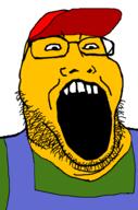 clothes glasses hat open_mouth sneed soyjak stubble variant:markiplier_soyjak2 yellow_skin // 645x973 // 2.4MB