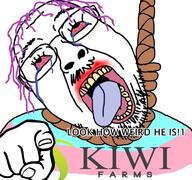 bloodshot_eyes crying dead flag glasses hair hand hanging kiwifarms logo mustache open_mouth pointing pointing_at_viewer purple_hair rope soyjak stubble suicide text tongue tranny variant:bernd yellow_teeth // 768x719 // 184.9KB