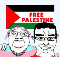 2soyjaks ear flag glasses hair hand mustache palestine purple_hair smile soyjak stubble subvariant:chudjak_front text tranny variant:bernd variant:chudjak // 834x800 // 427.7KB