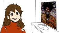 aspie bathroom beard clothes colorful disheveled eye_bags fangs female glasses hair mirror open_mouth schizie schizo sketch smile soyjak spiked_hair stain stretched_mouth stubble subvariant:schizojak variant:markiplier_soyjak // 1600x900 // 696.8KB