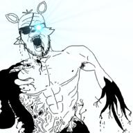 animatronic arm armpit buff bullet_hole eyepatch five_nights_at_freddy's_1 foxy_(fnaf) glasses glowing_eyes hand horror monster mustache oil open_mouth soyjak stubble variant:a24_slowburn_soyjak video_game // 1000x1000 // 207.5KB