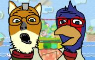 2soyjaks beak bird blue_eyes clothes falco_lombardi fox fox_mccloud furry glass glasses green_eyes open_mouth soyjak star_fox stubble super_smash_bros variant:unknown video_game // 800x508 // 358.9KB