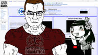 arm background blue_eyes buff closed_mouth clothes encyclopedia_dramatica glasses hair mascot red_shirt screenshot soyjak subvariant:chudjak_front subvariant:muscular_chud tshirt variant:chudjak vein // 1920x1080 // 338.3KB