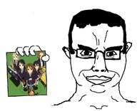 anime band brown_hair drum glasses guitar hair holding_object k_on microphone picture smile soyjak subvariant:chudjak_front variant:chudjak yellow_hair // 680x554 // 126.9KB