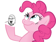 bald ear glasses holding_object looking_up my_little_pony open_mouth pink_skin pinkie_pie pony series:pinkie_pie_holding_soyjaks smile soyjak stubble variant:shotjak white_background // 990x759 // 145.2KB