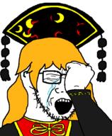 anime arm closed_eyes clothes crying female glasses hair hand hat junko open_mouth orange_hair soyjak stubble touhou variant:soyak video_game // 891x1080 // 130.9KB