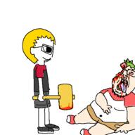 4chan 4cuck ack anime blood clothes fat fixed_coloring_reupload full_body glasses gore green_hair hair hammer improved male nate obese soyjak stubble v_tan variant:bernd variant:gapejak yellow_hair yotsoyba // 500x500 // 13.8KB