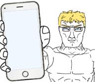 arm blue_eyes buff glasses hand holding_object phone smile subvariant:chuddy subvariant:muscular_chud subvariant:muscular_chud3 template torso variant:chudjak vascular vein yellow_hair // 2160x1884 // 394.4KB
