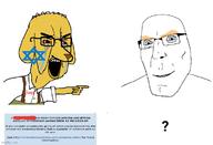 soy banned_user blond bloodshot_eyes blue_eyes clothes dog glasses imgflip.com janny looking_at_you open_mouth pointing question_mark smile subvariant:nucob text variant:chudjak variant:cobson white_background yellow_skin // 733x499 // 175.6KB