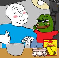 MAKING amphibian bowl cake clothes door egg frog full_body green_skin happy ladder lamp light meta:Not_OC nas:pepe nas:wojak pepe_the_frog sugar table wholesome // 975x962 // 151.1KB
