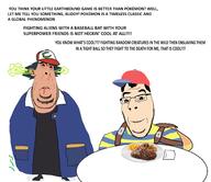 ash_ketchum backpack bag blue_eyes brown_skin cap clothes earthbound fart fat food hair hat jacket mother mutt ness_(earthbound) plate pokemon red_eyes son_of_satan steak stinky stubble subvariant:blobson subvariant:hornyson subvariant:nucob variant:cobson white_skin yellow_hair // 1934x1672 // 290.2KB