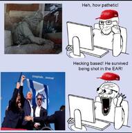 arm assassination chair closed_mouth clothes computer donald_trump ear glasses keyboard maga_hat mouse open_mouth soyjak stubble subvariant:soyak_(smug) subvariant:waow text variant:soyak yahya_sinwar // 1080x1086 // 142.9KB