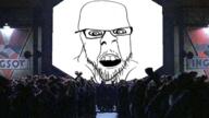1984 crazed distorted glasses irl mustache no_eyebrows open_mouth soyjak stubble variant:feraljak // 653x367 // 344.1KB