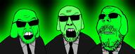 3soyjaks angry central_intelligence_agency clothes glasses glowing green soyjak stubble suit variant:feraljak variant:feraljak_front variant:gapejak // 2490x1000 // 827.1KB