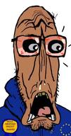 award beard brown_skin european_union flag flag:european_union glasses most_obsessed_faggot_award mutt open_mouth red_eyes scared shitskin star_(symbol) subvariant:doctos subvariant:euromutt sweater teeth variant:markiplier_soyjak // 347x662 // 254.0KB