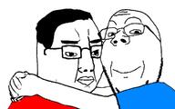 2soyjaks arm blue_shirt closed_mouth clothes friends glasses hair hand hugging red_shirt series:Gapejak_X_Chudjak soyjak stubble subvariant:wholesome_soyjak tshirt variant:chudjak variant:gapejak wholesome // 1152x720 // 23.4KB