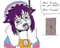 ack ack! anime beard bloodshot_eyes chen clothes crying door glasses hanging hat meta:not_oc open_mouth purple_hair red_eyes rope speech_bubble suicide tear text tongue touhou tranny troon troonella variant:bernd video_game yellow_teeth // 819x665 // 198.2KB