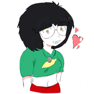 arm art belly_button black_hair breasts drawing eyebrows fanart female glasses green_shirt hair happy heart hearts meta:tagme neck necklace nose smilling sproke teeth tits variant:sproketan white_background white_skin woman yellow_eyes // 2048x2048 // 548.2KB