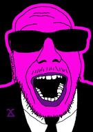 clothes glasses glowing mustache open_mouth purple_skin soyjak stubble suit sunglasses thrembo variant:punkjak // 918x1306 // 44.6KB