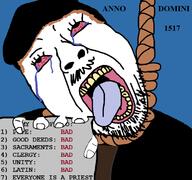 1517 bloodshot_eyes christianity clothes crying dead hair hand hanging hat history holding_object martin_luther mustache open_mouth protestant rope soyjak stubble suicide text tongue variant:bernd yellow_teeth // 766x719 // 69.4KB
