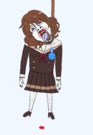 anime badge blood bloodshot_eyes brown_hair clothes crying eyelashes full_body glasses hair hanging hibike_euphonium minmod minmodulation mustache right_wing rope skirt soyjak stubble suicide tongue twitter variant:bernd yellow_teeth // 2012x2908 // 22.4MB