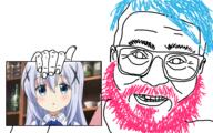 anime arm beard blue_hair chino_kafuu clenched_teeth closed_mouth dyed_hair ear glasses gochiusa hand holding_object picture pink_hair soyjak variant:unknown // 960x600 // 249.3KB