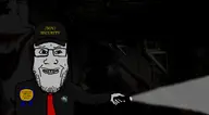 award cap clothes flashlight hat holding_object necktie security subvariant:hornyson sweating text variant:cobson variant:impish_soyak_ears variant:markiplier_soyjak worried // 1920x1063 // 749.3KB