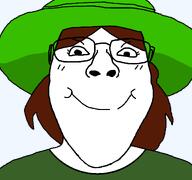 amalthea_(user) brown_hair clothes eyelashes female femjak glasses green_hat green_shirt hair hat literal_who looking_at_you meta:namefags smile soyjak subvariant:bridget variant:bernd variant:gapejak // 1200x1125 // 92.9KB