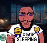 angry award badge bags_under_eyes balding bed bedroom clothes glasses holding_object i_hate lamp night purple_skin red_skin rosette sleep starbucks starbucks_coffee starbucks_logo subvariant:science_lover tshirt variant:markiplier_soyjak // 1017x935 // 414.8KB