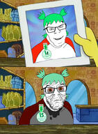 4chan angry anime badge biting_lip bloodshot_eyes brown_eyes closed_mouth ear eyebags frown glasses hair looking_at_you nose_hair oldfag picture smile spongebob_squarepants stubble teeth tired variant:feraljak wrinkles yellow_teeth yotsoyba // 1408x1920 // 319.7KB