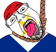 ack flag flag:saba glasses hair hanging netherlands open_mouth rope saba soyjak star_(symbol) stubble suicide teeth tongue variant:bernd yellow_teeth // 768x719 // 49.3KB