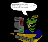 2024 2025 2029 2099 2999 amphibian blue_shirt dark_room desk frog green_skin keyboard mouse mutt_lips nas:pepe pepe_the_frog speech_bubble subvariant:impish_amerimutt text variant:impish_soyak_ears // 1785x1583 // 157.6KB