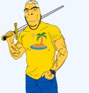 aryan beach blue_pants buff clothes glasses holding_object holding_sword soyjak stubble sword transparent transparent_background tshirt variant:cobson vein watch weapon yellow_hair yellow_shirt yellow_skin // 1834x1910 // 208.7KB