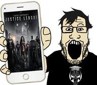 aquaman batman beard black_shirt clothes cyborg dan_vs dc dc_comics flash geek glasses hair holding_phone justice_league logo lolcow movie open_mouth phone punisher_panther punisher_rorschach showing_phone skull snydertard superhero superman tshirt variant:markiplier_soyjak white_skin wonder_woman zack_snyder // 2160x1884 // 2.0MB