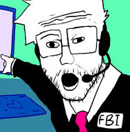 clothes computer federal_bureau_of_investigation glasses hair necktie pointing soyjak stubble suit variant:two_pointing_soyjaks // 708x720 // 183.1KB